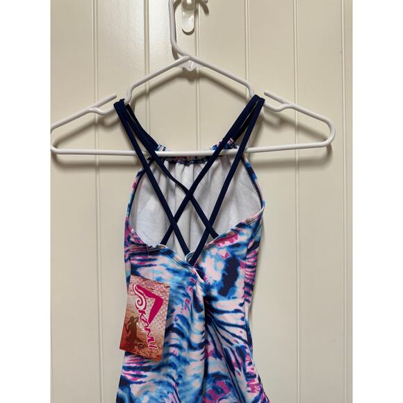 Kanu Surf Girls' Jasmine Beach Sport Halter One Piece Swimsuit, Camille Denim 12 - Picture 7 of 8